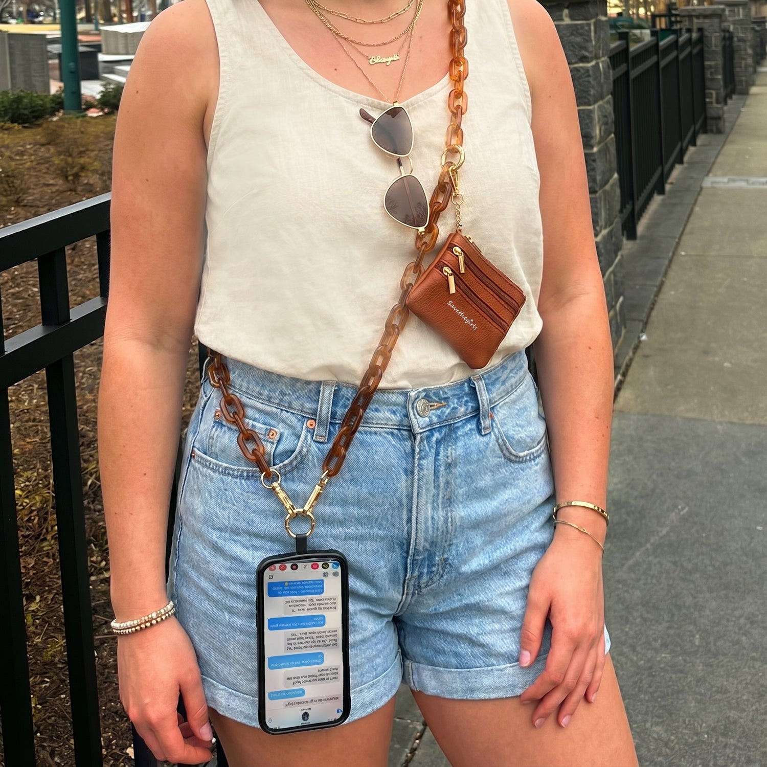 Ice Chain Crossbody Phone Strap with Zippered Pouch