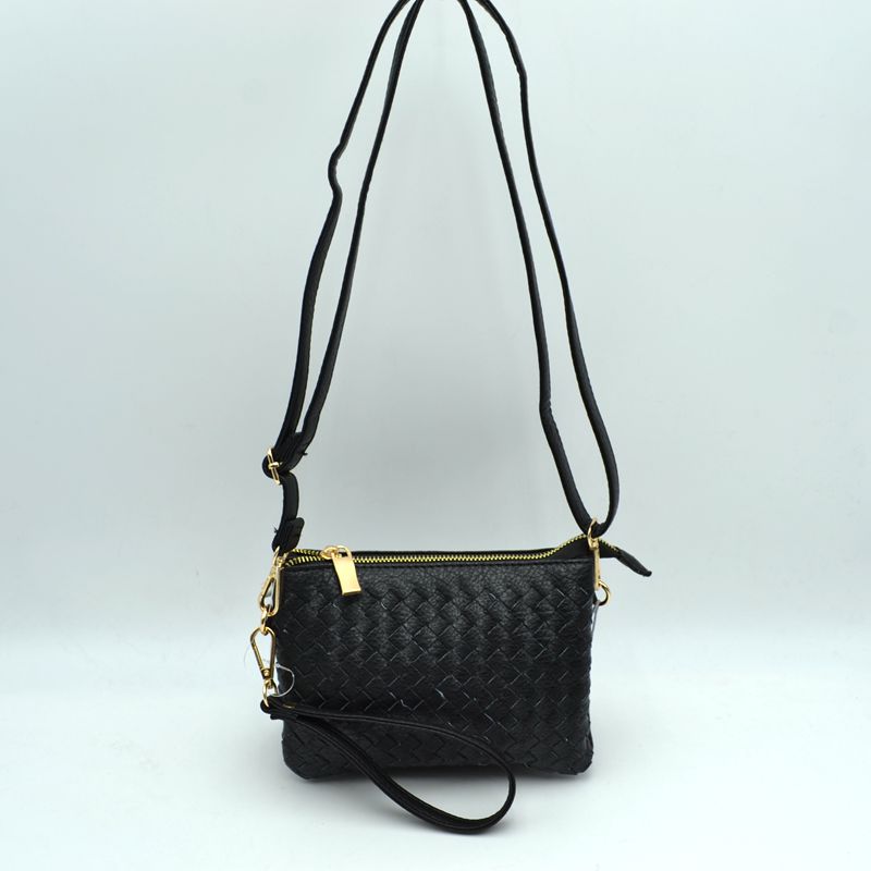 Black woven convertible crossbody and wristlet clutch with gold zipper
