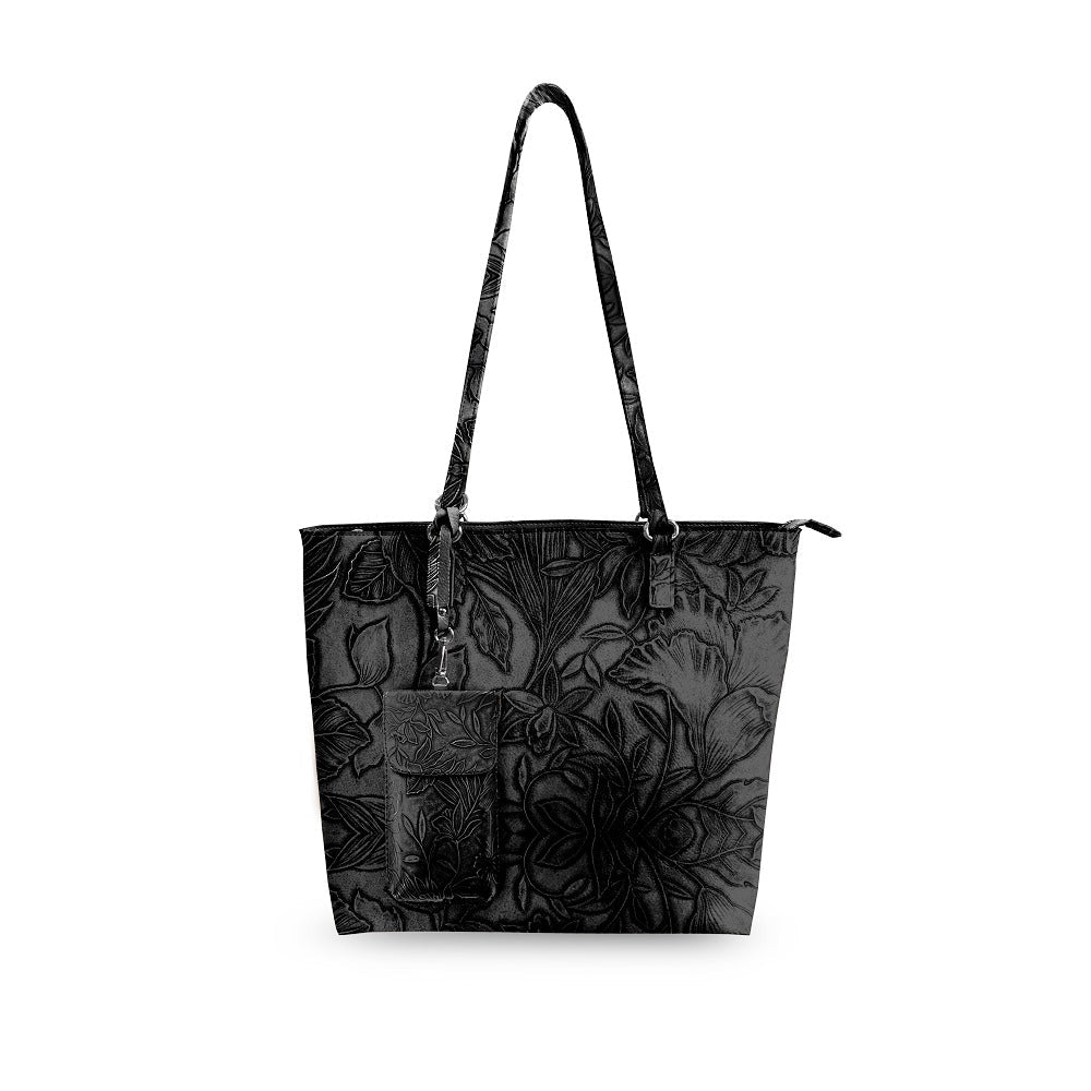Black floral tote bag with crossbody strap - product view 1