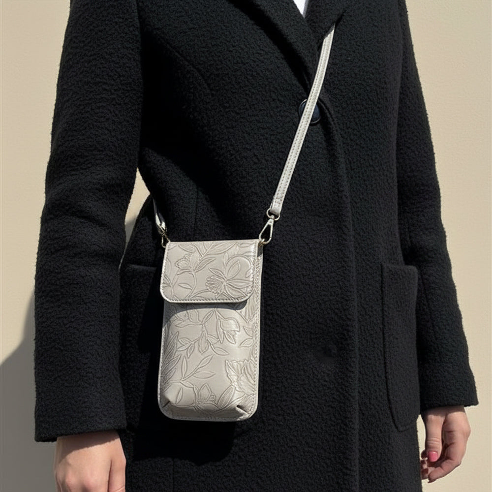 Light grey floral tote bag with crossbody strap - product view 3