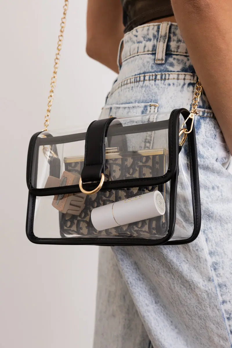 Glam Clear Stadium Crossbody Bag with Gold Chain