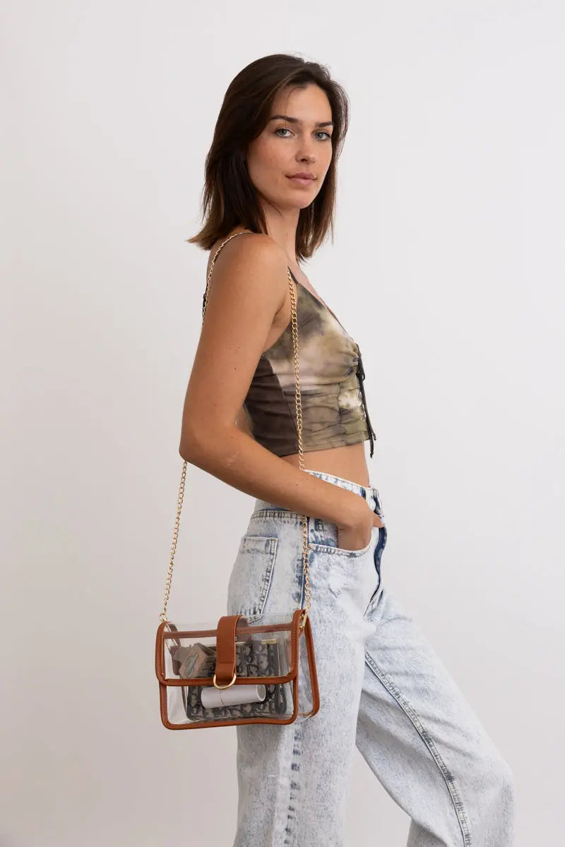 Glam Clear Stadium Crossbody Bag with Gold Chain