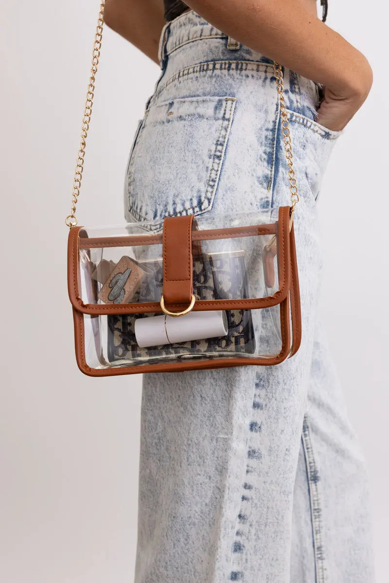 Glam Clear Stadium Crossbody Bag with Gold Chain