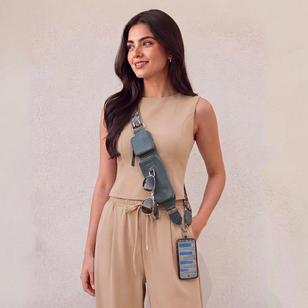 Zip & Clip RFID Crossbody Phone Strap with Two Pockets