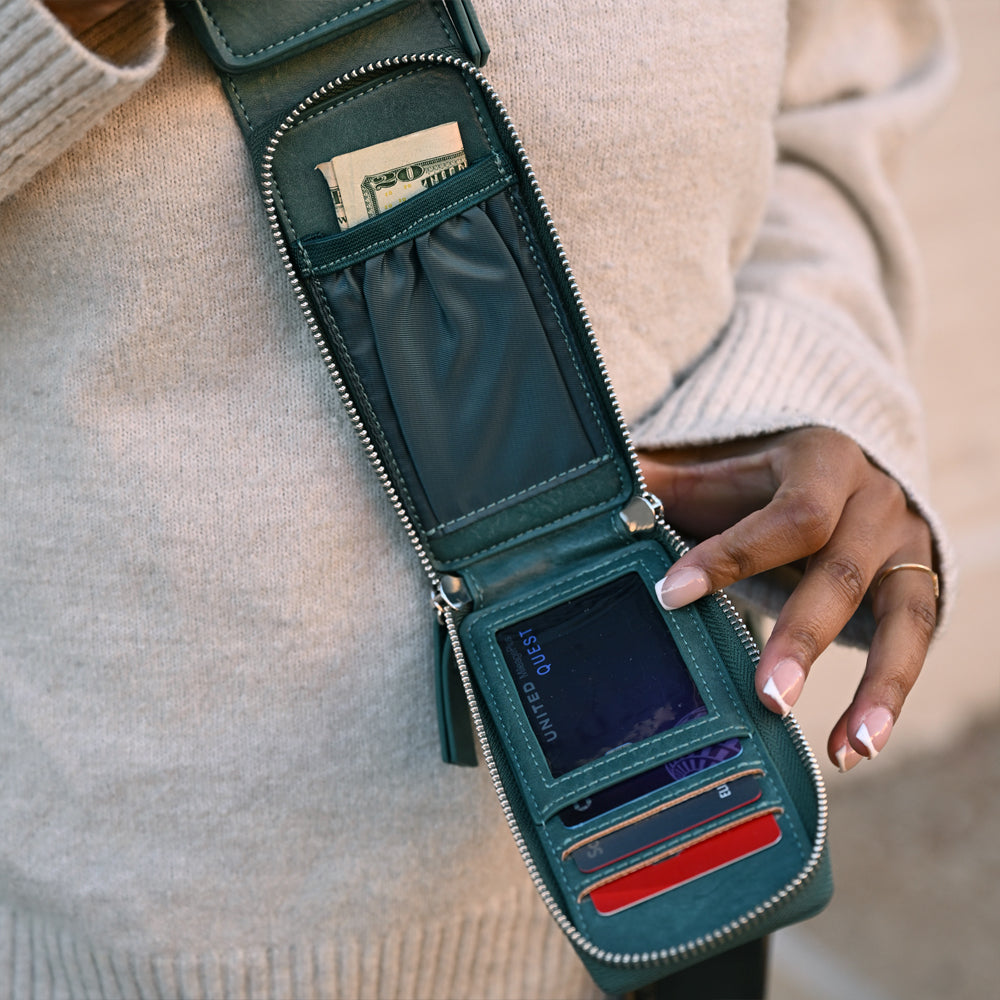 Zip & Clip RFID Crossbody Phone Strap with Two Pockets