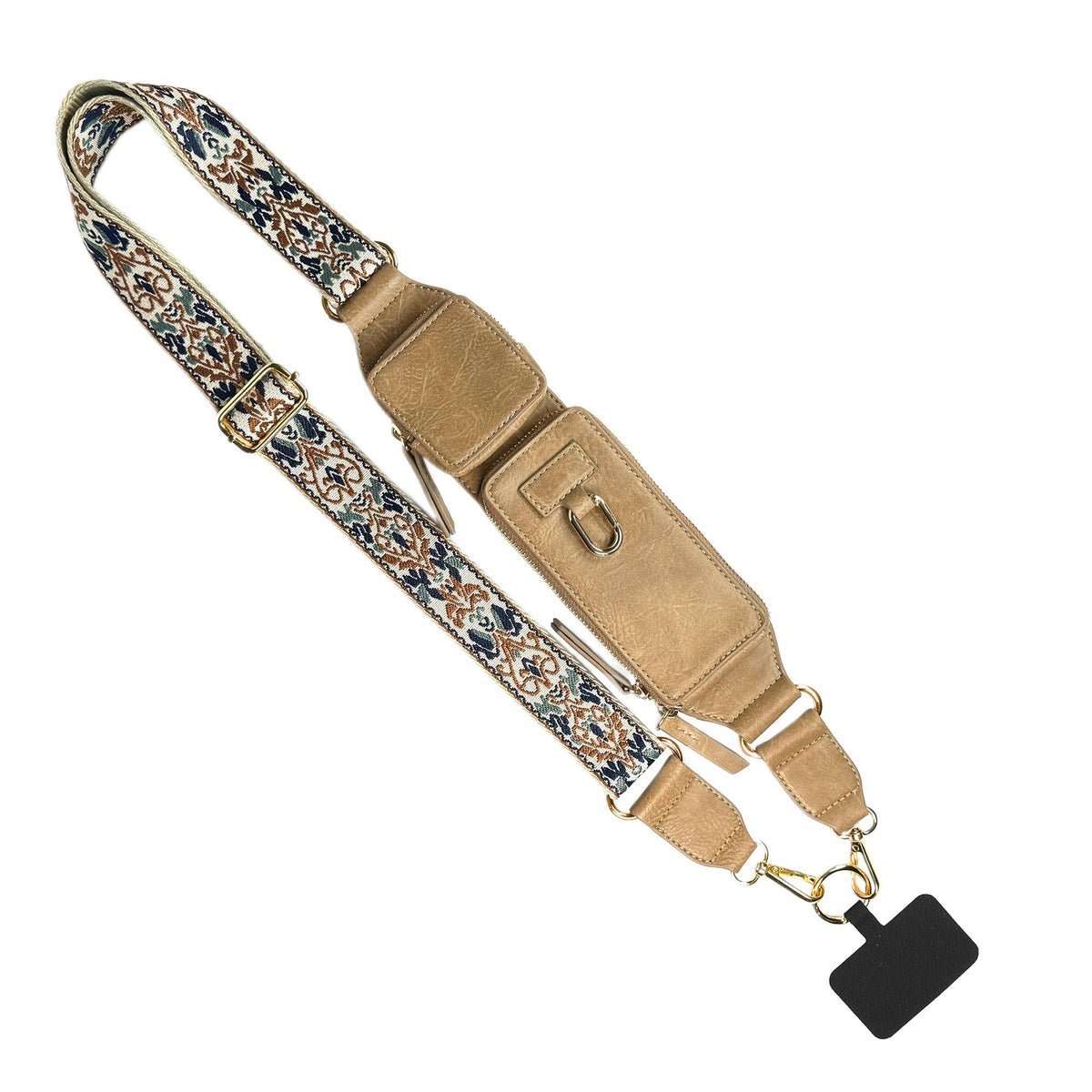 Zip & Clip crossbody phone strap with two cappuccino zippered pockets and gold-tone hardware