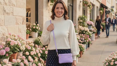 Lavender Bella crossbody phone purse with gold-tone hardware worn over a cream sweater on a sunny flower-lined shopping street. AI-assisted lifestyle scene.