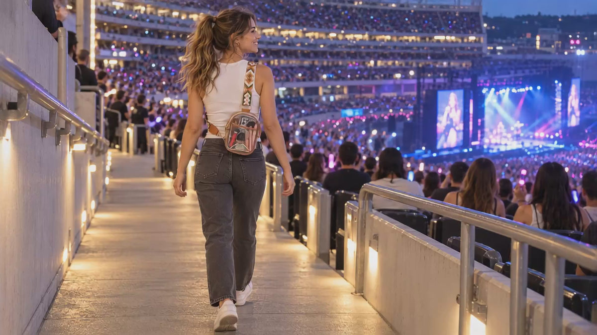 AI-assisted stadium lifestyle scene featuring a model wearing the Mocha Noelle clear sling bag. Styling props shown.