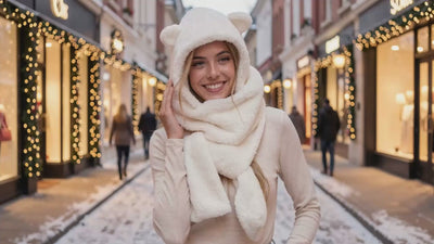 Cream Teddy Bear Hooded Scarf with rounded bear ears worn by a smiling woman on a softly lit winter shopping street. AI-assisted lifestyle scene.