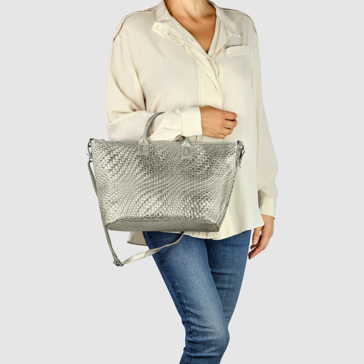 Treviso Italian Metallic Suede Top-Handle Bag