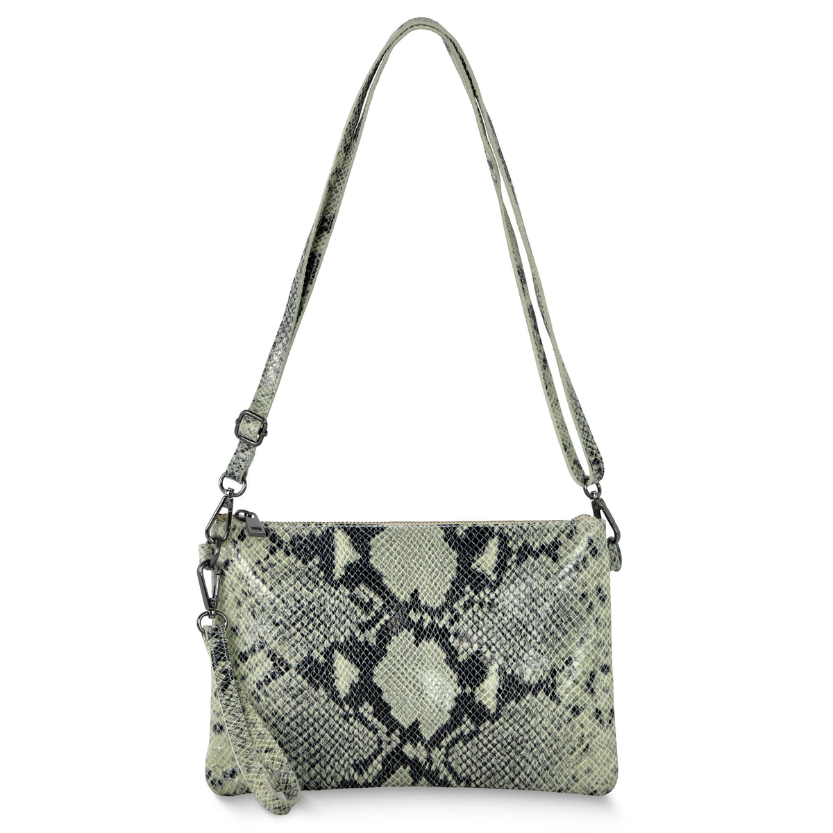 Lecce suede crossbody bag in Python Grey, with a python pattern, adjustable shoulder strap and wrist loop, shown against white.