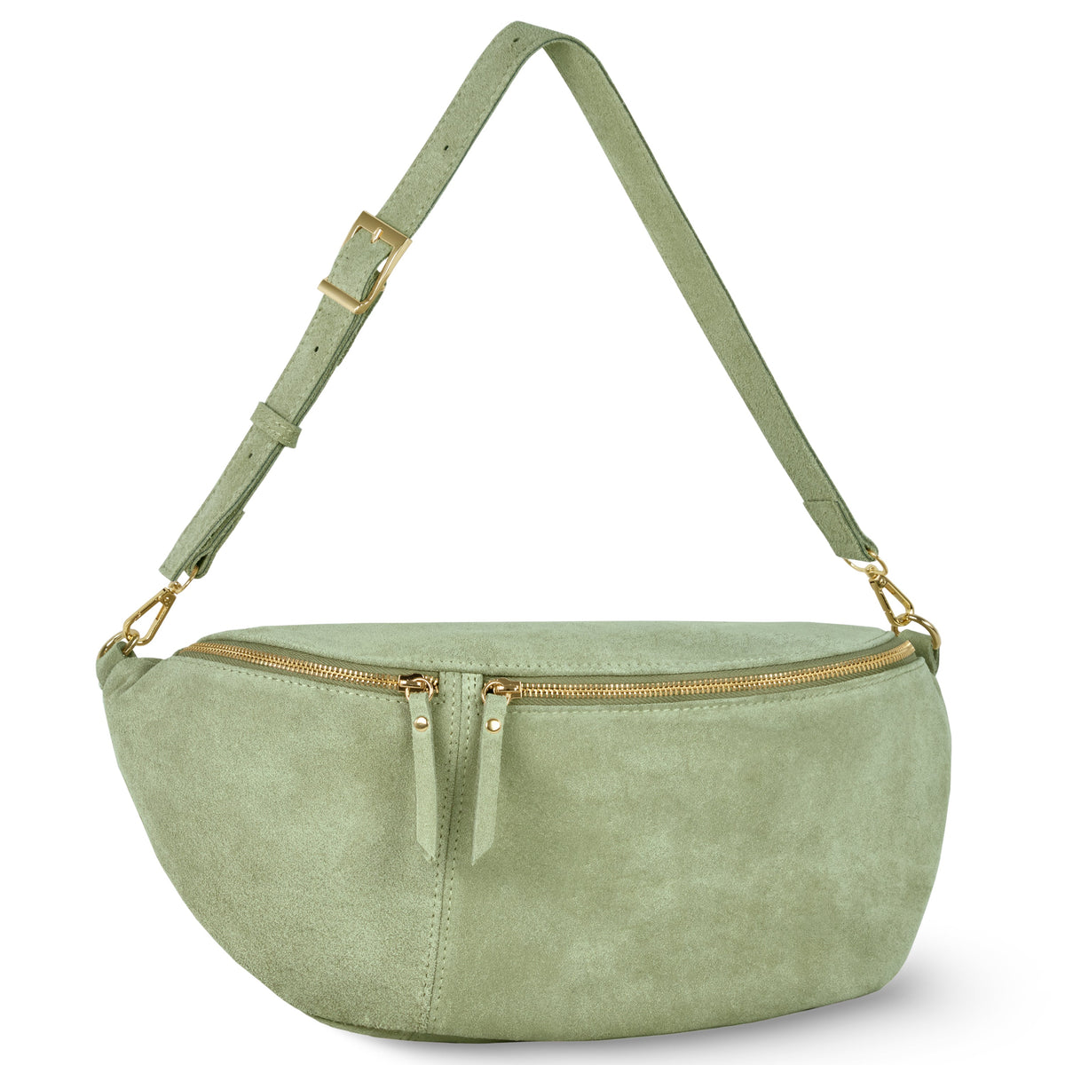 Moss green suede crescent crossbody bag with adjustable strap, gold-tone hardware and top zipper on a white background.