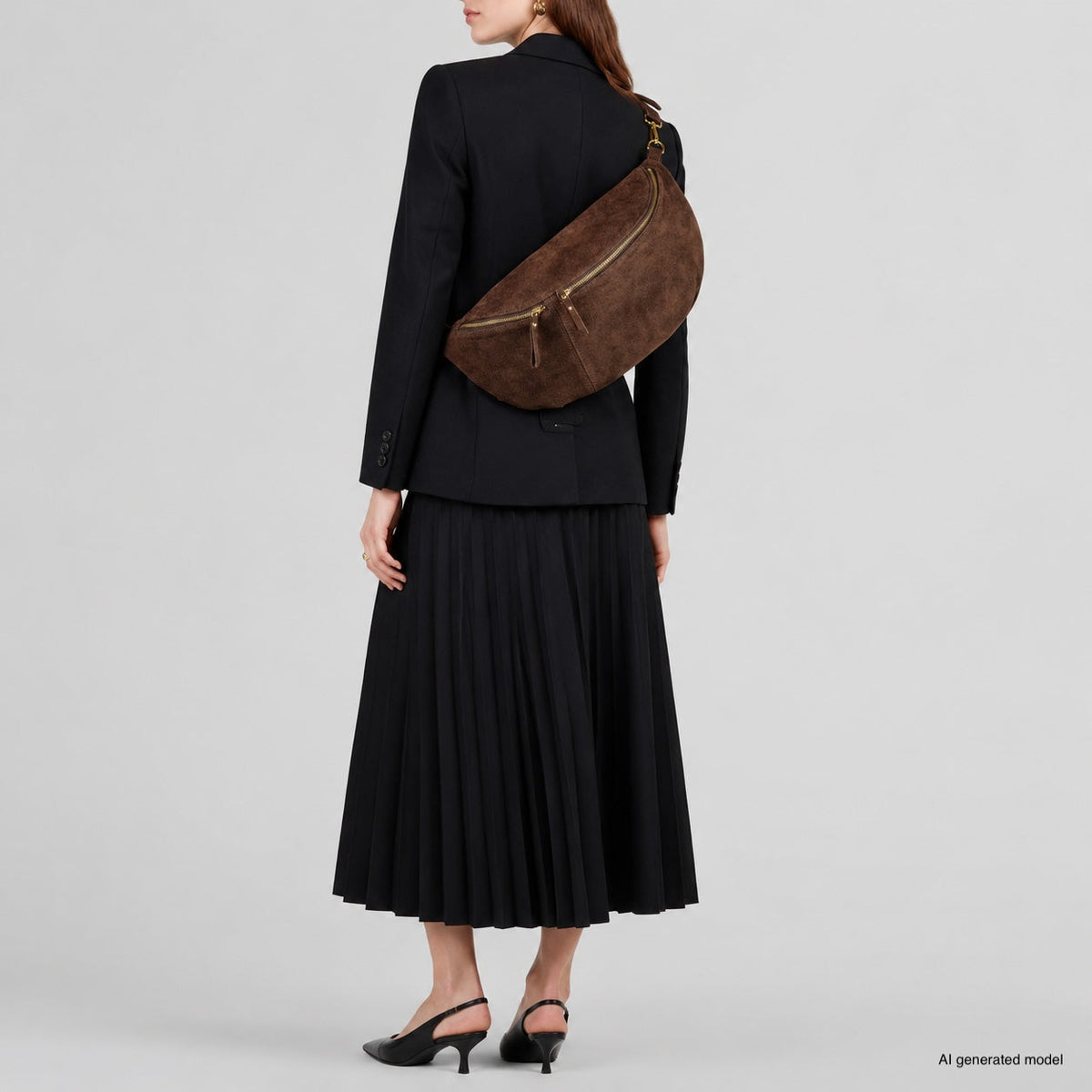 Chocolate suede crescent crossbody bag shown on a model; AI-generated styling image.
