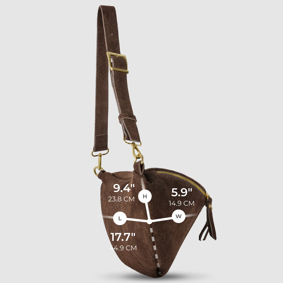 Chocolate suede crossbody bag with a white measurement overlay: 17.7 in L, 5.9 in W and 9.4 in H.