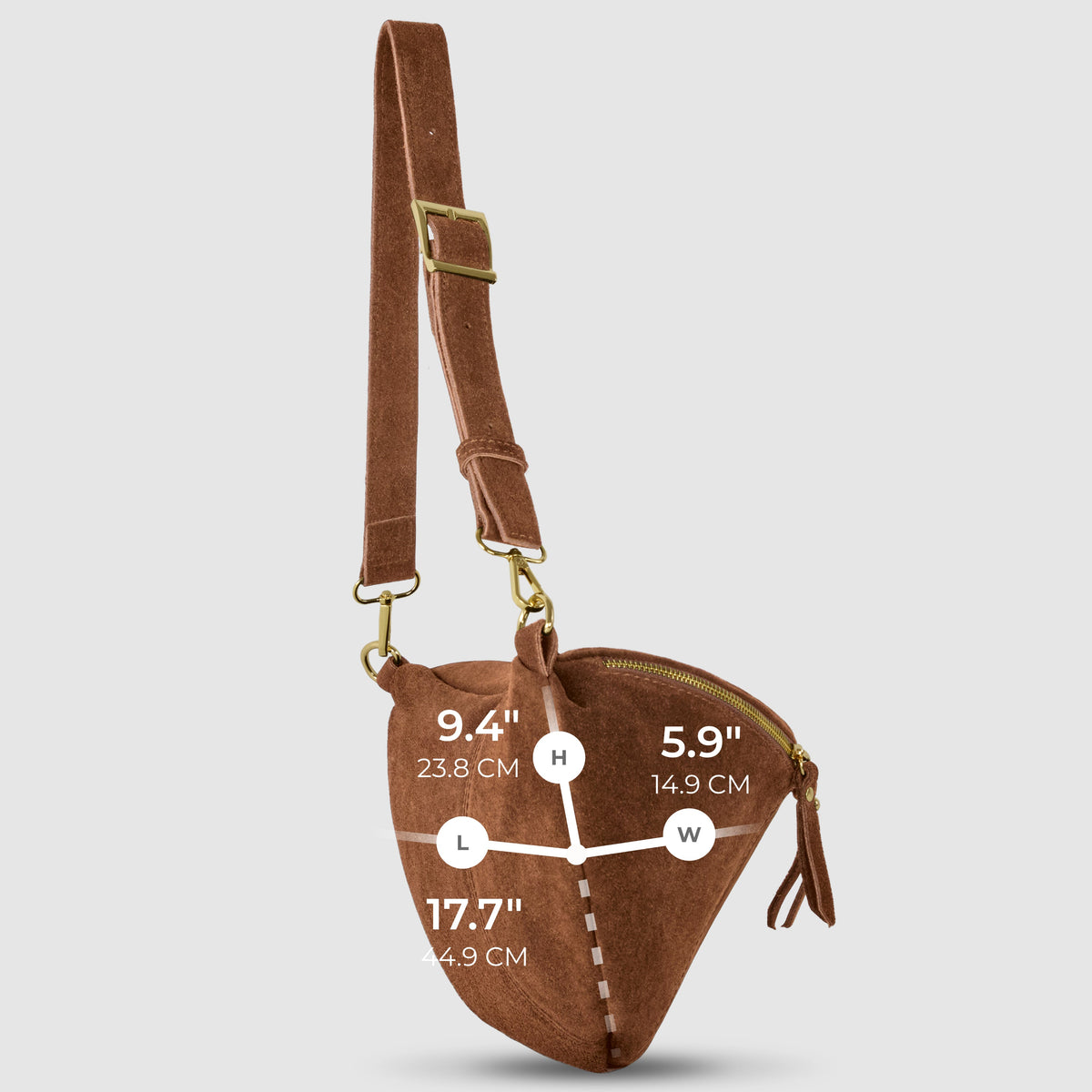 Brown suede crossbody bag with a white measurement overlay: 17.7 in L, 5.9 in W and 9.4 in H.