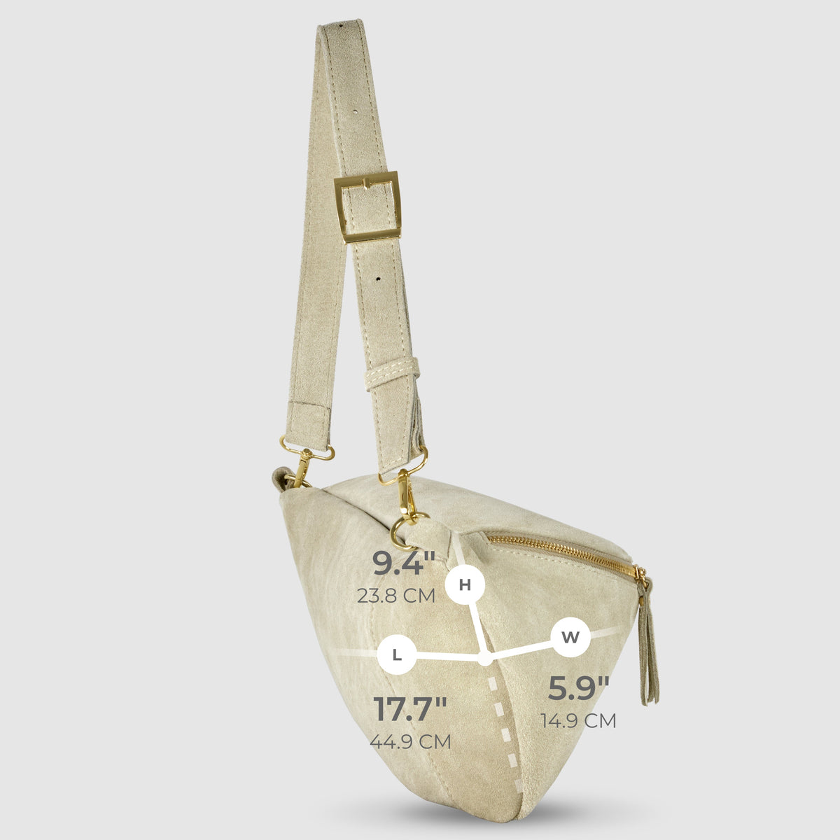 Beige suede crossbody bag with a white measurement overlay: 17.7 in L, 5.9 in W and 9.4 in H.
