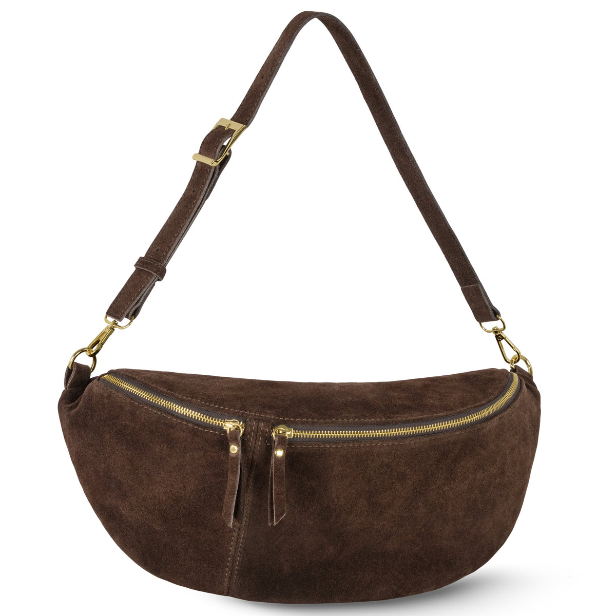 Chocolate brown suede crescent crossbody bag with adjustable strap, gold-tone hardware and top zipper, shown against a white background.