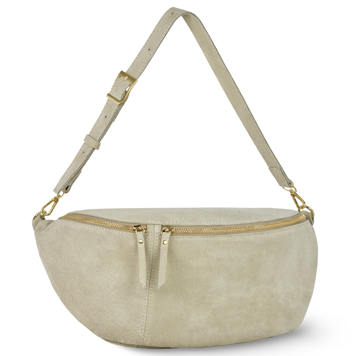 Beige suede crescent crossbody bag with adjustable strap, gold-tone hardware and top zipper on a white background.