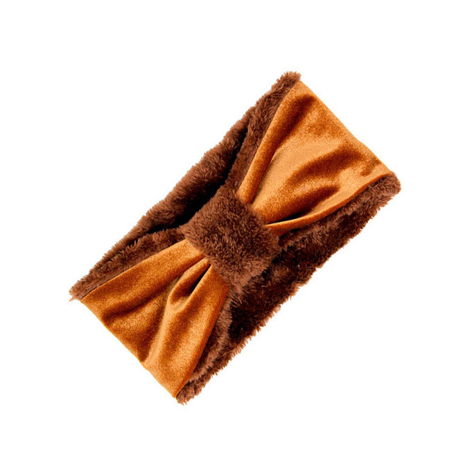 Brown knotted ear-warmer headband on a white background.