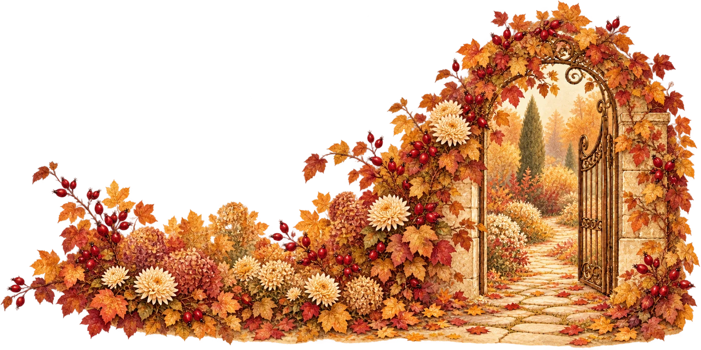 A watercolour autumn garden gate framed by golden leaves and berries