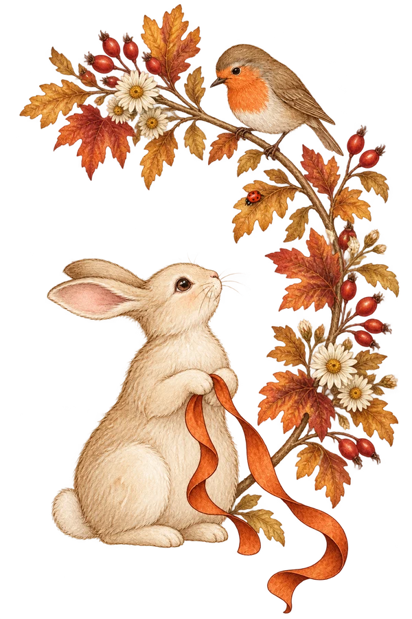 Clover the cream rabbit with a copper ribbon, and Pip the robin among autumn leaves