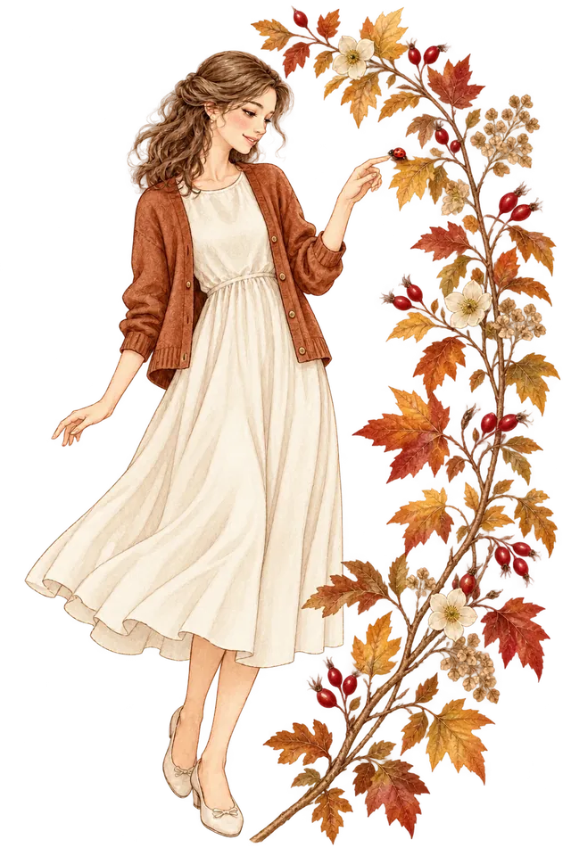 Rose discovering a ladybug beside golden leaves and rose hips